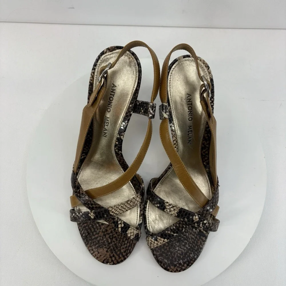 Antonio Melani Catwalk Animal Print Slingback Heels‎ Women's Size 8M Tan Gold
